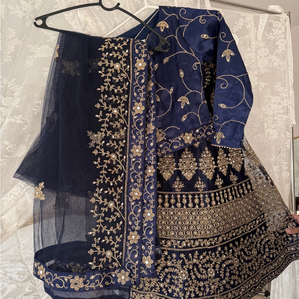 Elegant Navy Blue and Gold Embroidered Lehenga